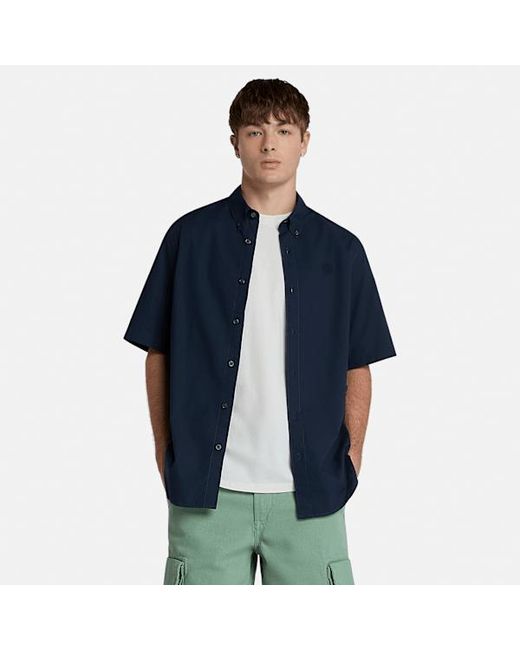 Timberland Short Sleeve Stretch Poplin Shirt For Men In Dark Blue, Man, Blue, Size: L for men