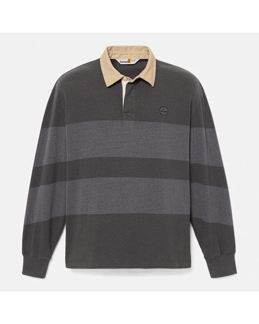 Timberland Gray All Gender Long-Sleeve Striped Rugby Polo