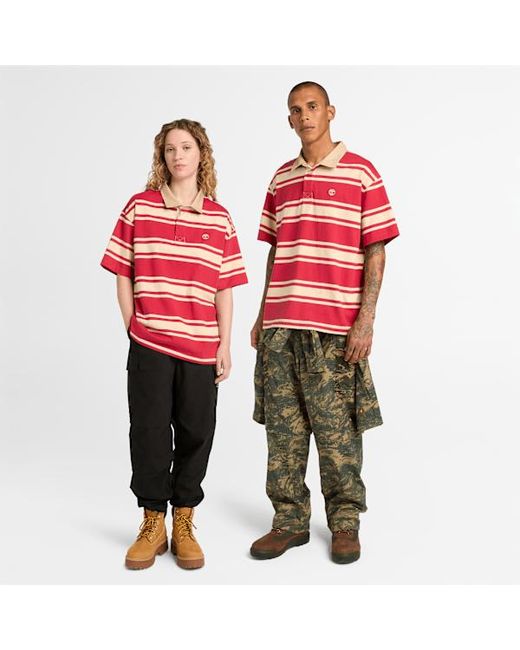 Timberland Red All Gender Striped Short-Sleeve Rugby Polo