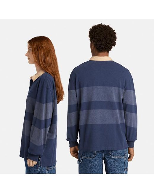 Timberland Blue All Gender Long-Sleeve Striped Rugby Polo