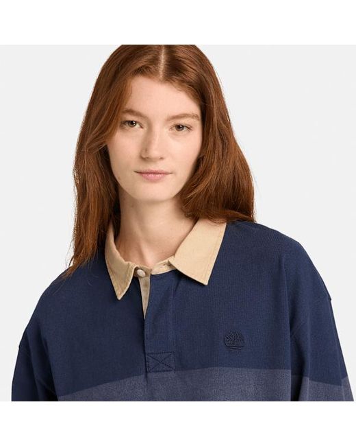 Timberland Blue All Gender Long-Sleeve Striped Rugby Polo