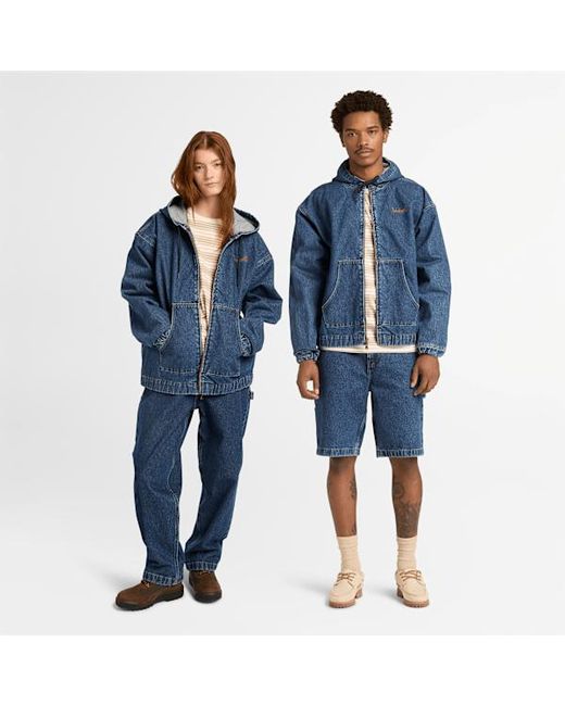 Timberland Blue All Gender Denim Full-Zip Hooded Bomber