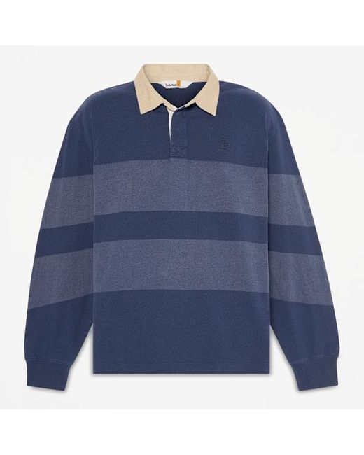 Timberland Blue All Gender Long-Sleeve Striped Rugby Polo