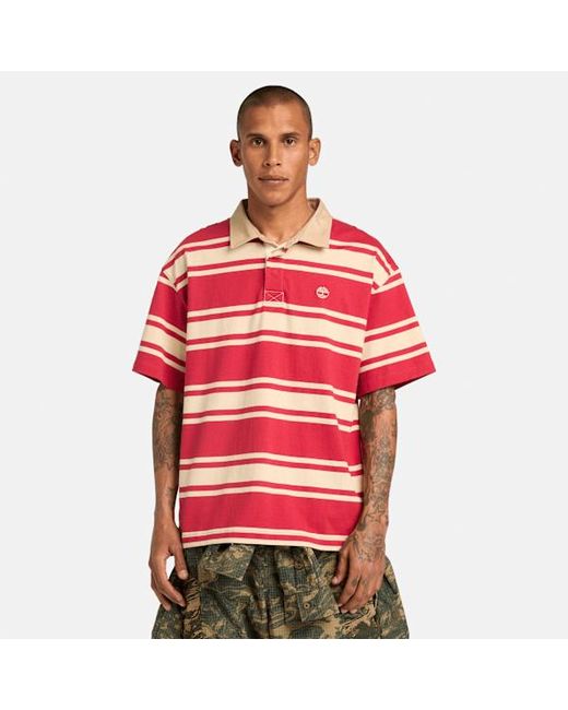 Timberland Red All Gender Striped Short-Sleeve Rugby Polo