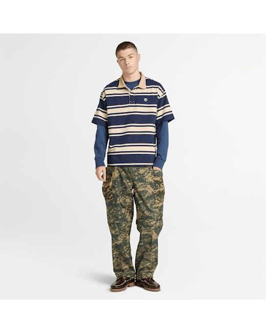 Timberland Blue All Gender Striped Short-Sleeve Rugby Polo