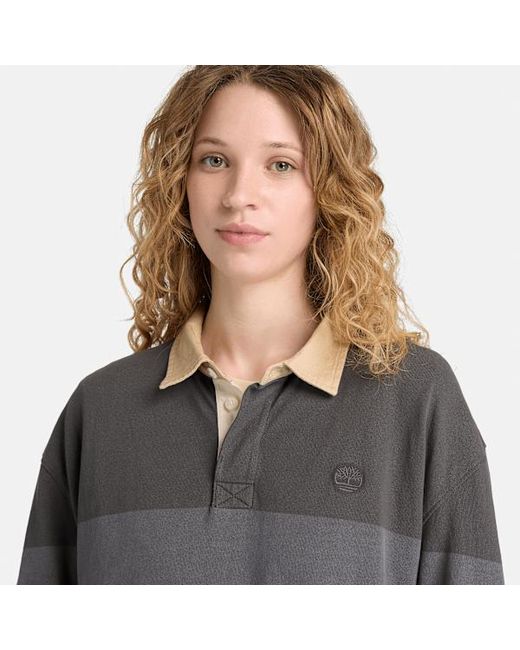 Timberland Gray All Gender Long-Sleeve Striped Rugby Polo