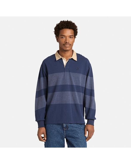 Timberland Blue All Gender Long-Sleeve Striped Rugby Polo