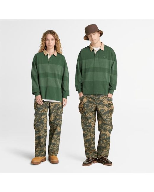 Timberland Green All Gender Long-Sleeve Striped Rugby Polo