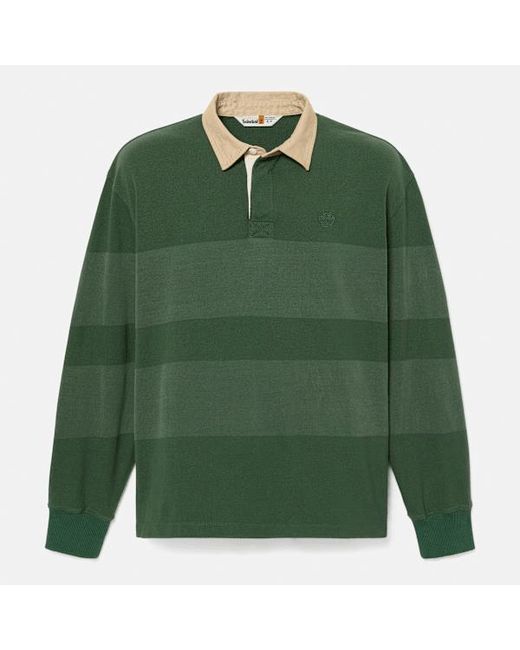 Timberland Green All Gender Long-Sleeve Striped Rugby Polo