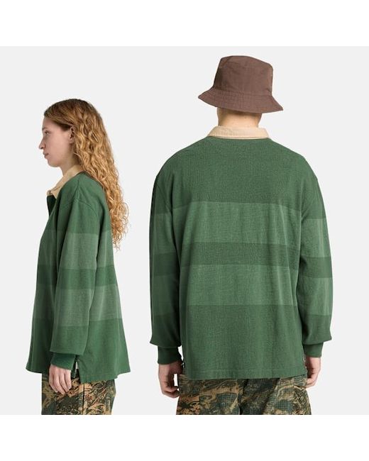 Timberland Green All Gender Long-Sleeve Striped Rugby Polo