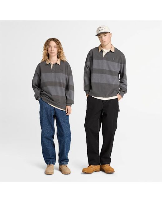 Timberland Gray All Gender Long-Sleeve Striped Rugby Polo