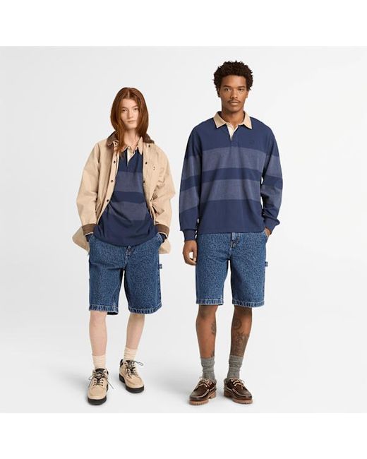 Timberland Blue All Gender Long-Sleeve Striped Rugby Polo
