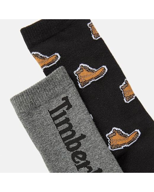 Timberland Black 2-Pack All-Over Boot Print Crew Sock