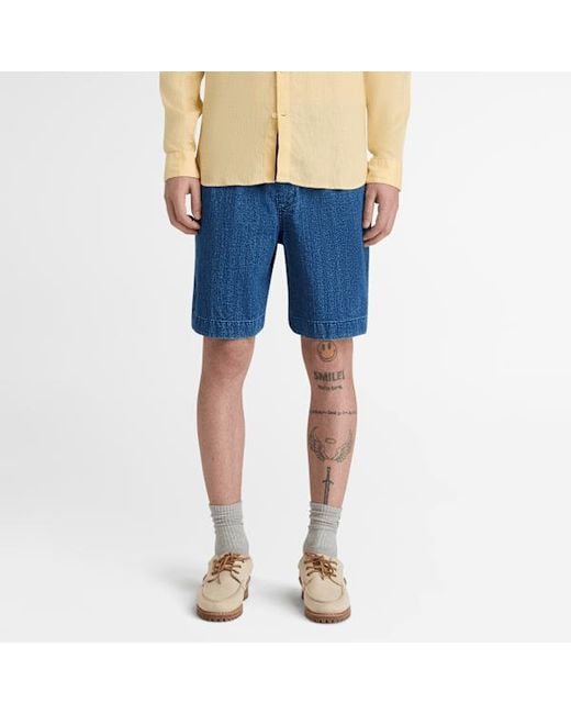 Timberland Blue Herringbone Denim Short For for men