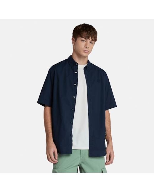 Timberland Short Sleeve Stretch Poplin Shirt For Men In Dark Blue, Man, Blue, Size: L for men