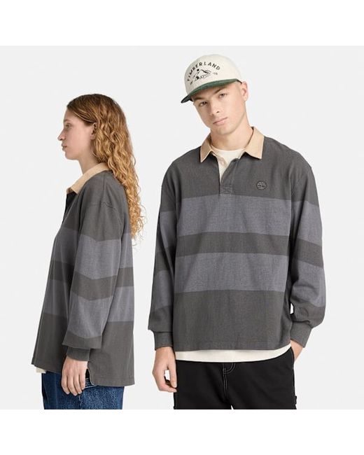 Timberland Gray All Gender Long-Sleeve Striped Rugby Polo