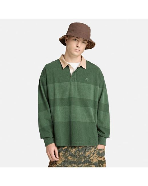 Timberland Green All Gender Long-Sleeve Striped Rugby Polo