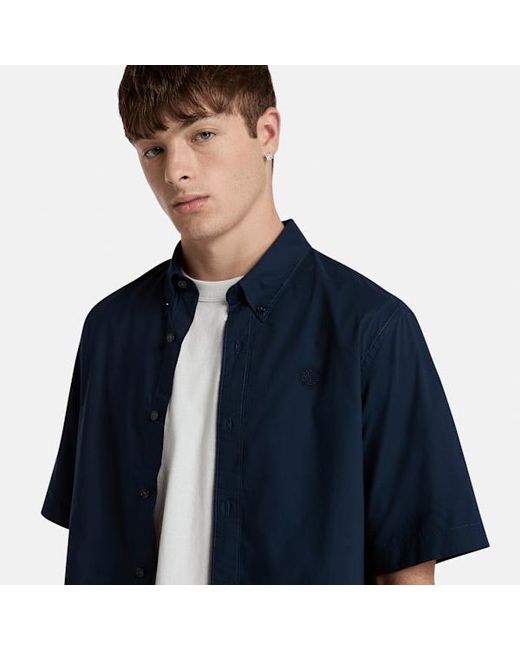 Timberland Short Sleeve Stretch Poplin Shirt For Men In Dark Blue, Man, Blue, Size: L for men