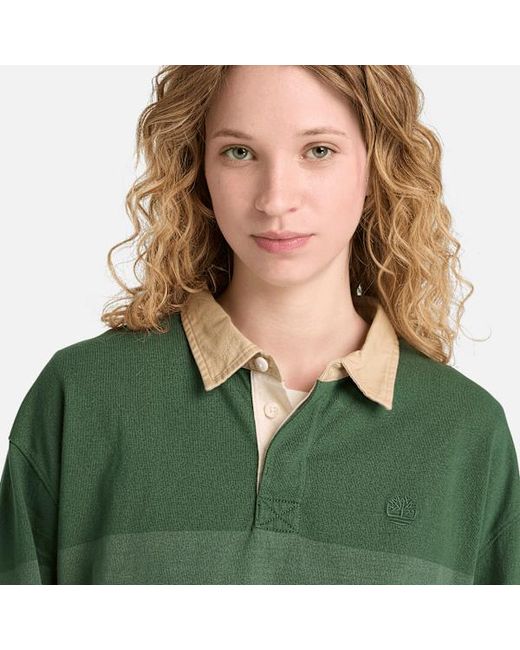 Timberland Green All Gender Long-Sleeve Striped Rugby Polo