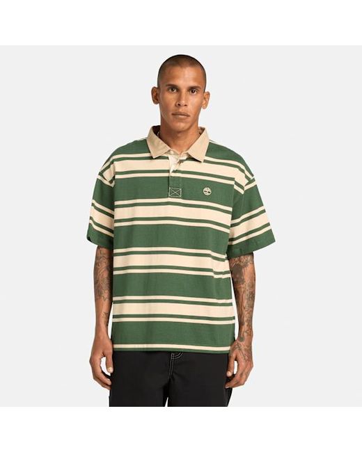 Timberland Green All Gender Striped Short-Sleeve Rugby Polo