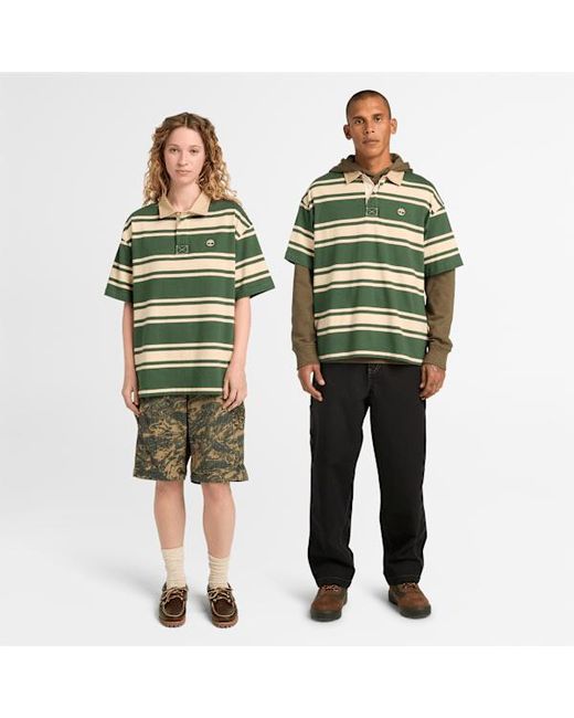 Timberland Green All Gender Striped Short-Sleeve Rugby Polo