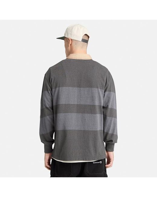 Timberland Gray All Gender Long-Sleeve Striped Rugby Polo