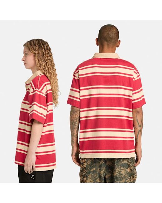 Timberland Red All Gender Striped Short-Sleeve Rugby Polo