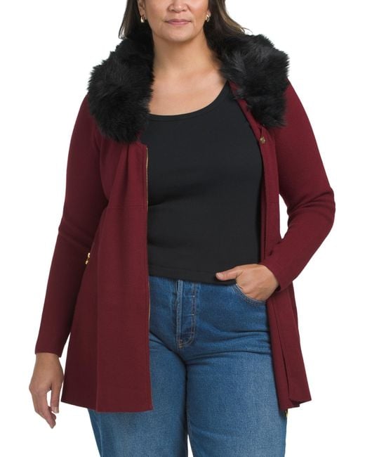 Tj Maxx Red Plus Tunic Sweater With Faux Fur Trim, Polyester/Viscose