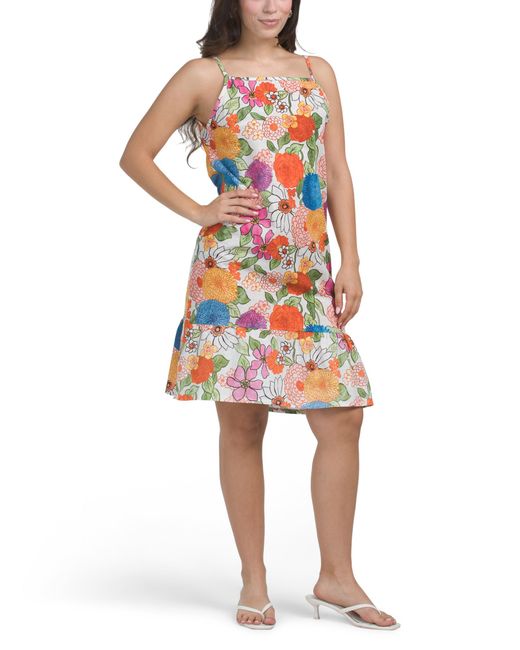 Tj Maxx Orange Linen Blend Sleeveless Floral Mini Dress For Cotton/Linen