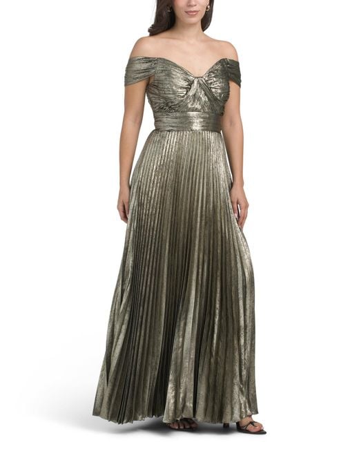 Tj Maxx Green Off The Shoulder Metallic Pleated Gown For Polyester