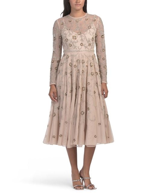 Tj Maxx Natural Long Sleeve Floral Beaded Dress For Polyester