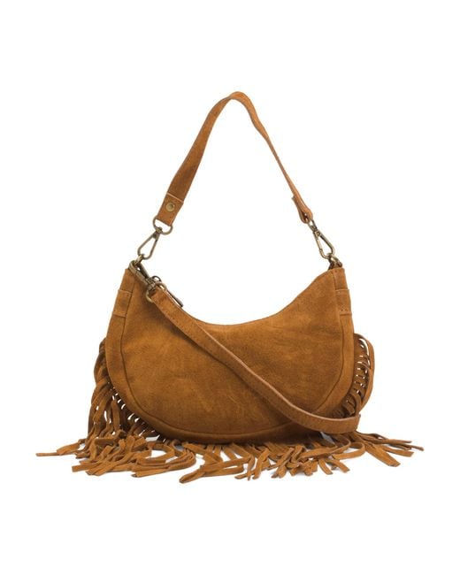 Tj Maxx Brown Suede Crescent Shoulder Bag With Fringe For