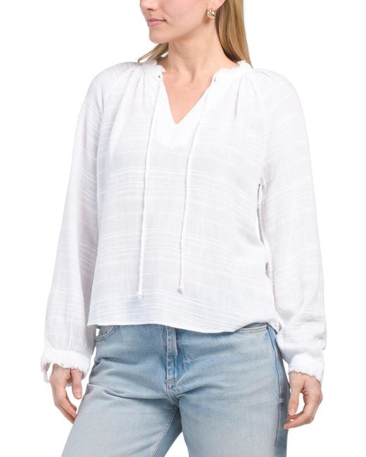 Tj Maxx White Linen Blend Ruffle Neck Raglan Pull Over Blouse For Cotton/Linen/Rayon