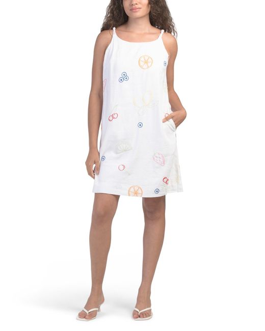 Tj Maxx White Linen Blend Picnic Fruit Embroidered Dress For Cotton/Polyester/Linen