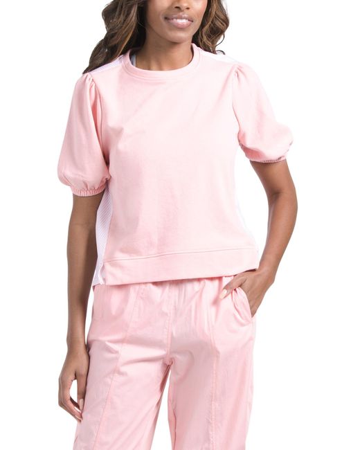 Tj Maxx Pink Short Sleeve Hi-Lo Knit Poplin Top For Spandex/Cotton/Polyester