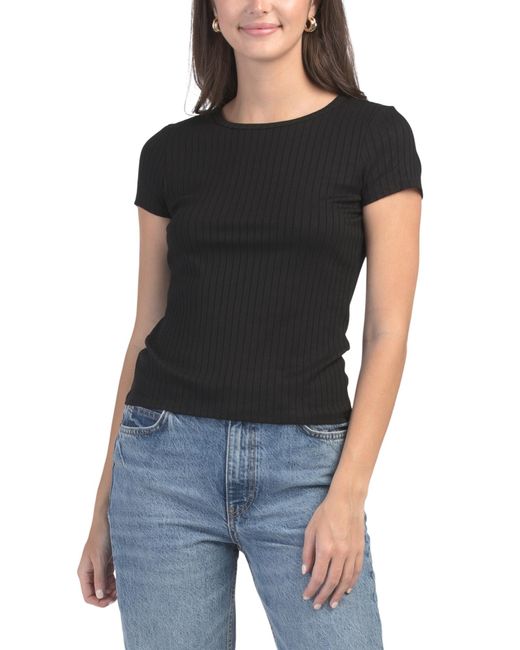 Tj Maxx Black Ribbed Crew Neck Cap Sleeve Top For Spandex/Rayon