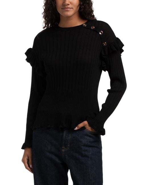 Tj Maxx Black Ribbed Ruffle Sweater, Cotton/Polyester
