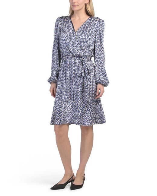 Tj Maxx Blue Long Sleeve Satin Wrap Style Mini Dress For Spandex/Polyester