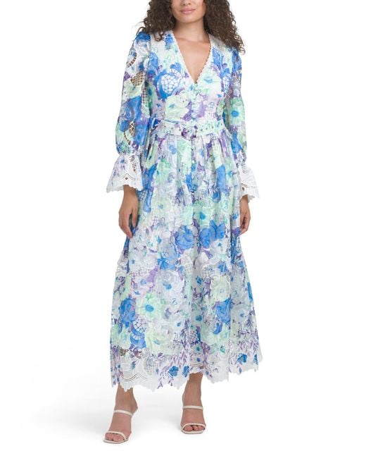 TJ Maxx Long Sleeve Floral Printed Lace Maxi Dress For Spandex/Polyester in  Blue | Lyst