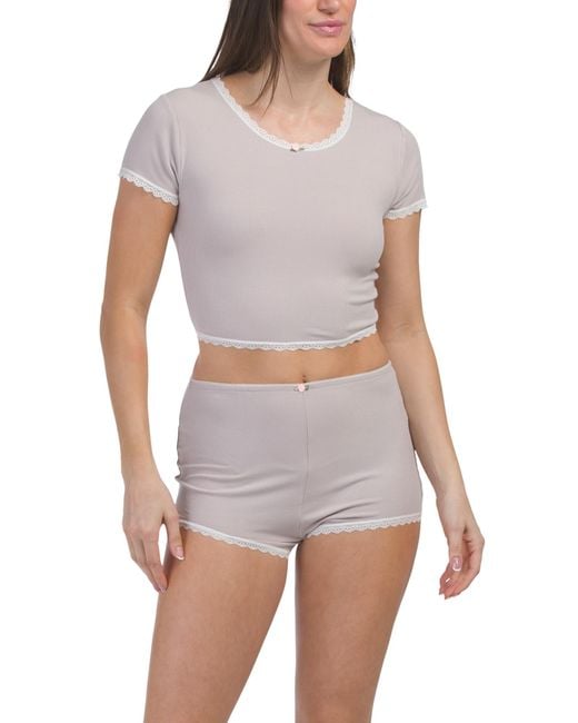 Tj Maxx White Ribbed Short Sleeve Kiki Cropped Top And Shorts Pajama Set For Spandex/Rayon