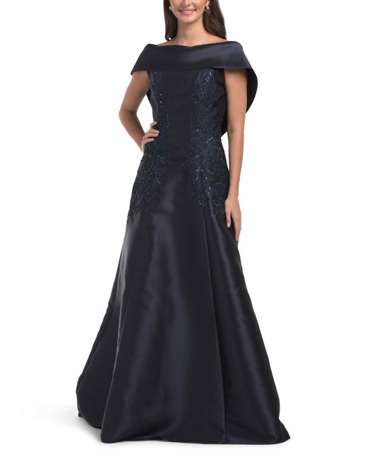 TJ Maxx Women's Blue Short Sleeve Mikado Gown With Lace Appliques For Polyester