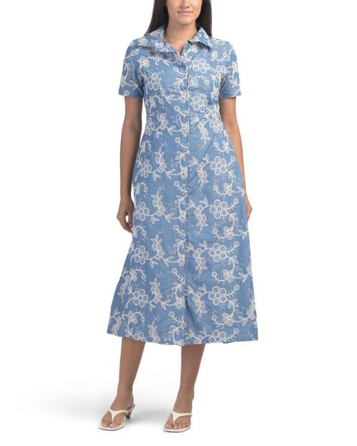 Tj Maxx Blue Short Sleeve Embroidered Midi Dress For Cotton/Polyester