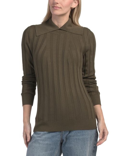 Tj Maxx Green Cotton Blend Ribbed Pullover Sweater With Collar, Modal/Cotton