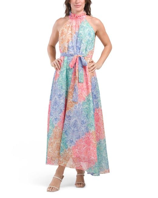 Tj Maxx White Sleeveless Halter Maxi Dress With Belt For Spandex/Polyester