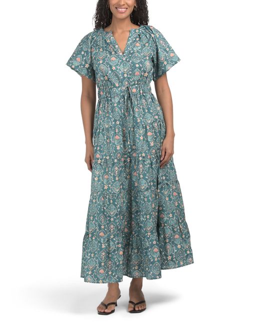 Tj Maxx Green Puff Sleeve Printed Maxi Dress For Spandex/Polyester