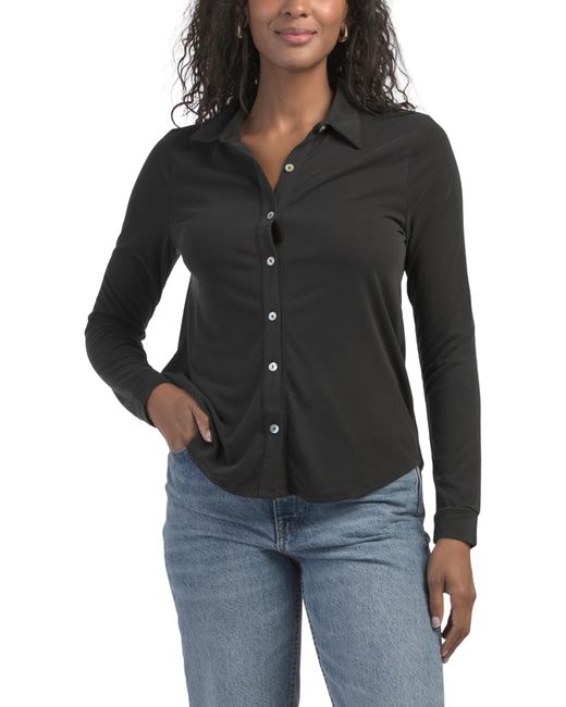 Tj Maxx Black Long Sleeve Button Shirt For Modal/Polyester
