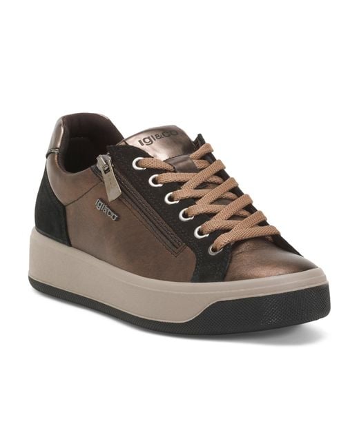 Tj Maxx Brown Leather Sneakers With Side Zipper For Leather/Suede