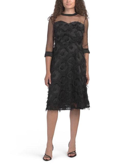 TJ Maxx Women's Black Three-Quarter Sleeve Textured Midi Dress For