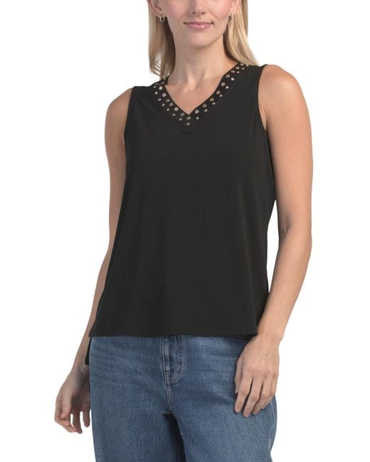 Tj Maxx Black V-Neck Sleeveless Top With Hotfix Neck Band For Spandex/Polyester