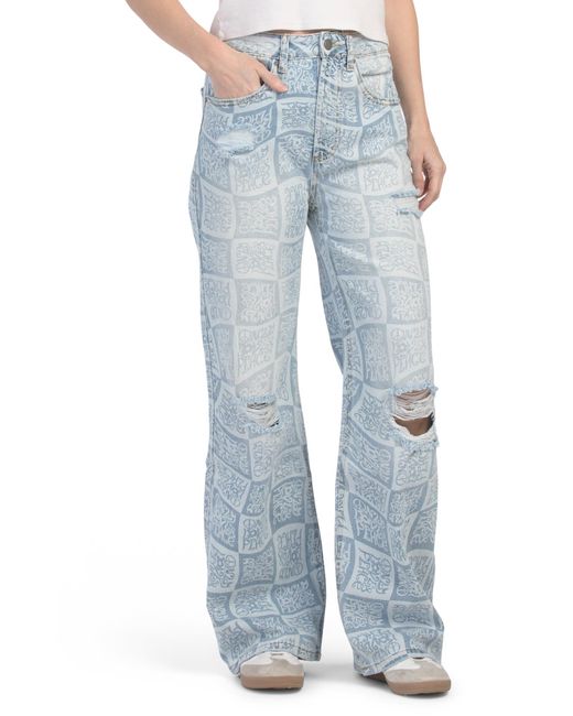 Tj Maxx Blue Wide Leg Printed Denim Pants For Spandex/Cotton